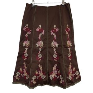 Think Tank Embroidered Floral Midi Skirt Sz 8 Brown Pink A-Line Pleated Pretty
